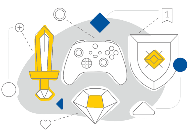 A flat illustration of a video game controller, a sword, a shield and a gem.