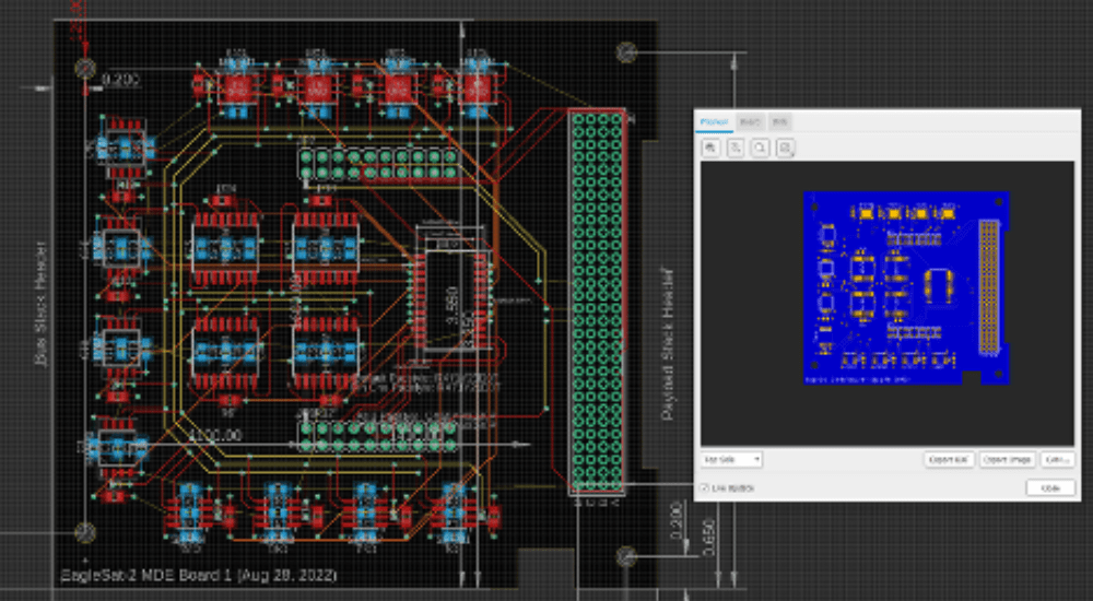 Schematic of the memory degradation experiment board designed by the electrical engineer team. The board contains the four different memory chips that EagleSat-2 is testing in outer space.