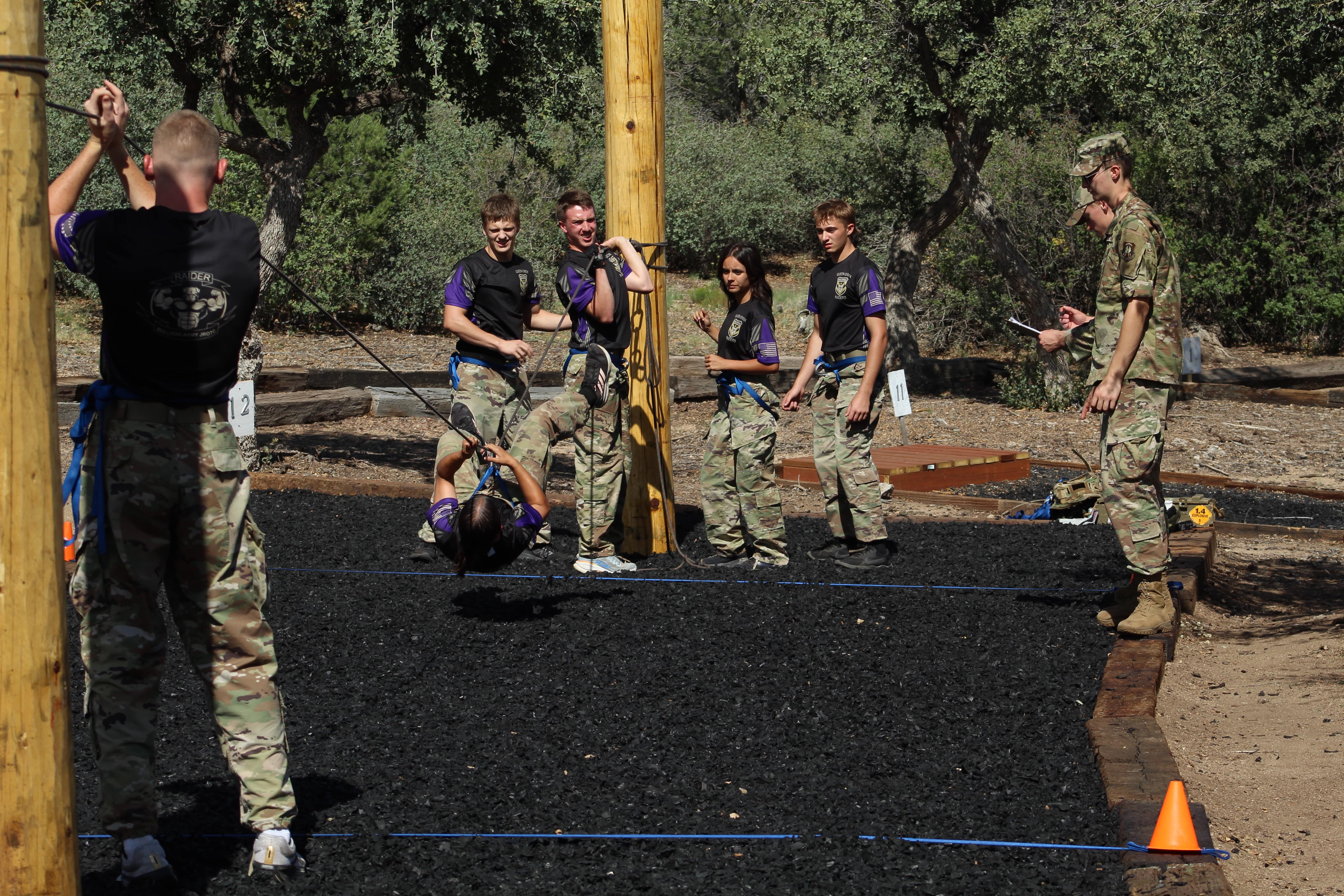A JROTC Raiders Team tackles the One-Rope Bridge challenge (Photo: Cadet Evelyn Ackerman)