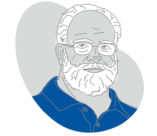 A flat illustration of a man with a beard wearing glasses.