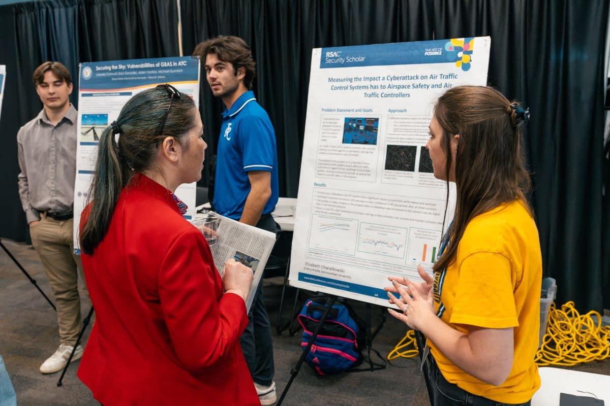 Embry-Riddle cybersecurity students hosted poster sessions demonstrating their unique undergraduate research projects to visiting cybersecurity employers. (Photo: Embry-Riddle / Connor McShane)