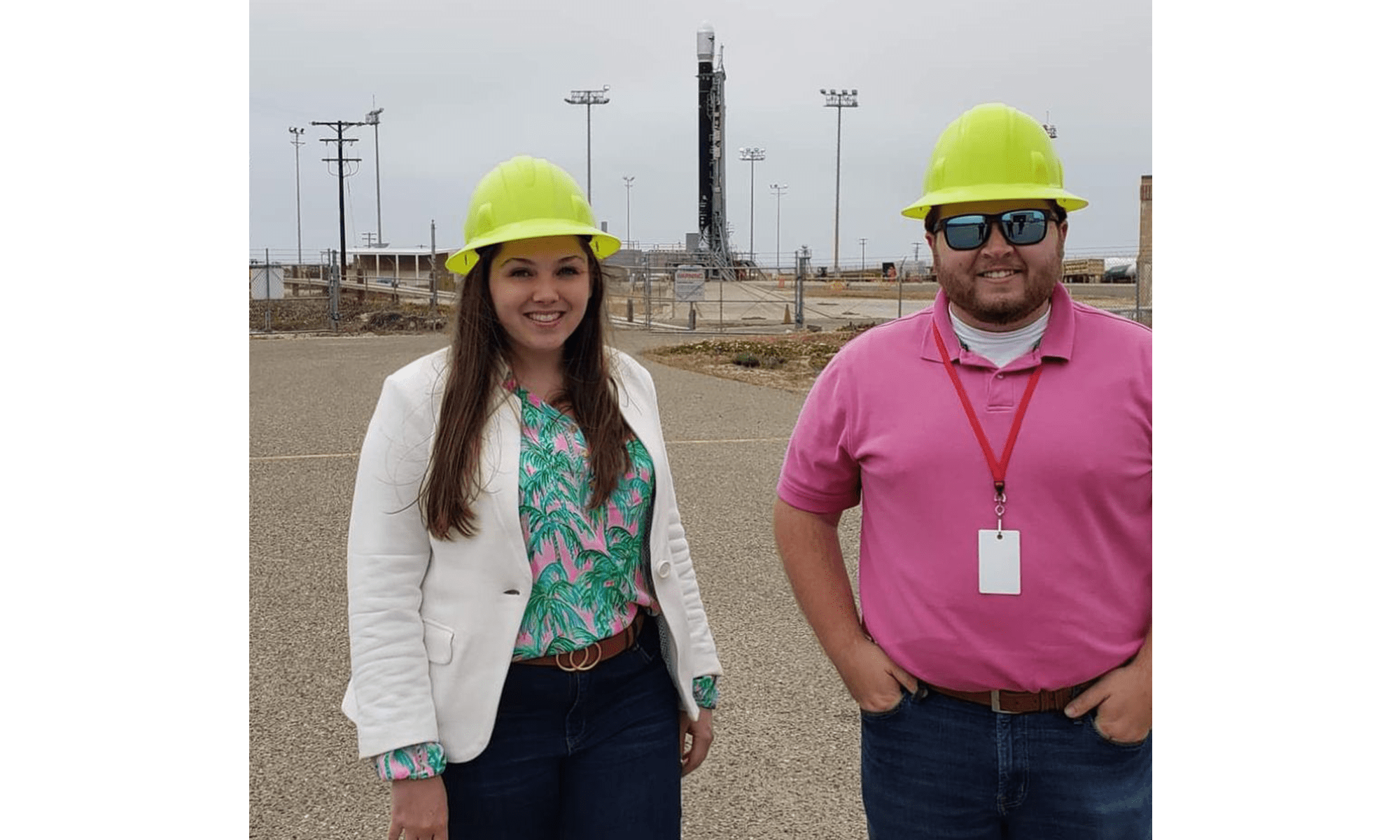 Collin Anderson with Olivia Kirk (’19, Commercial Space Operations) on Space Launch Complex-2 at Vandenberg Space Force Base in California. Firefly’s Alpha launch vehicle vertical is behind them. (Photo: Collin Anderson)