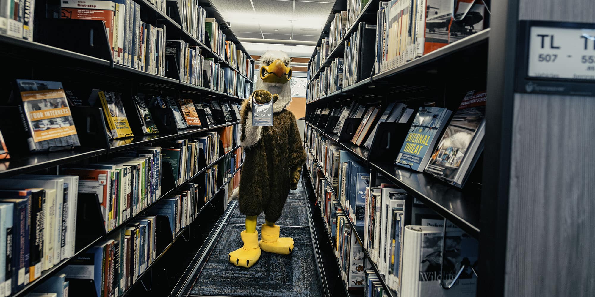Ernie the Eagle mascot walks down an aisle of bookcases in the library.