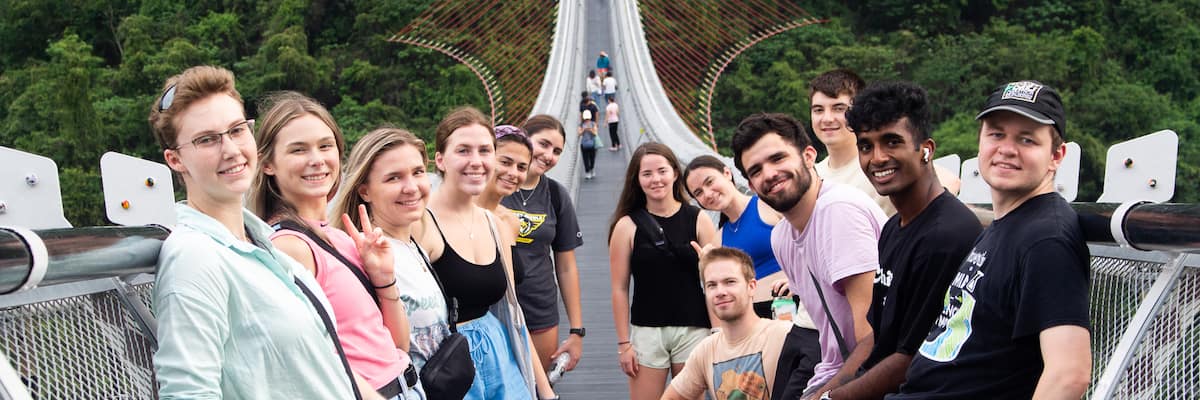 group of students on hanging bridge
