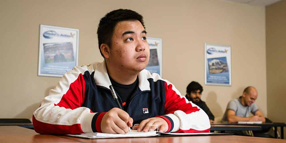 a male student taking notes at a desk