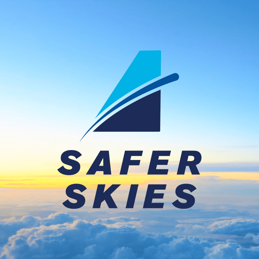 Safer Skies logo, sky background.